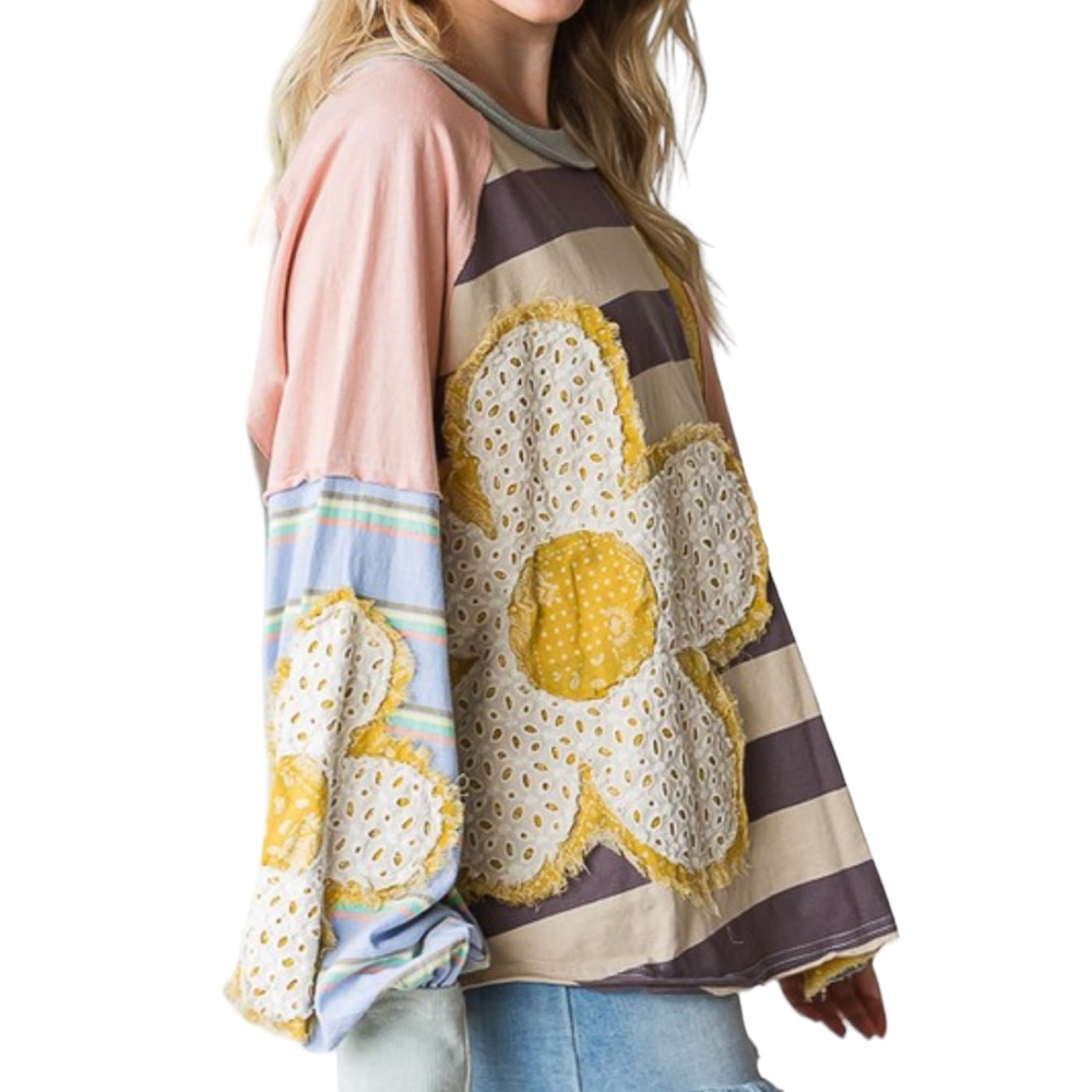 076. Women’s Daisy Multi-Color Patchwork Oversized Top - Picture 5 of 10